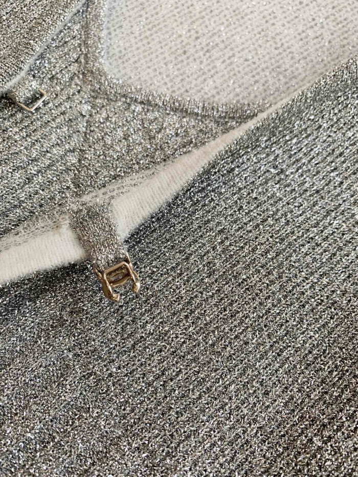 Chanel Silver Yarn Knitted Cardigan Suspenders #331384