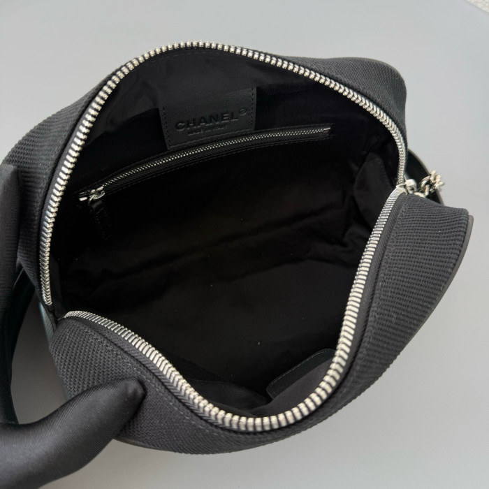 CHANEL Large Zipped Pouch Canvas Calfskin Silver-tone Metal Blue Black #385402