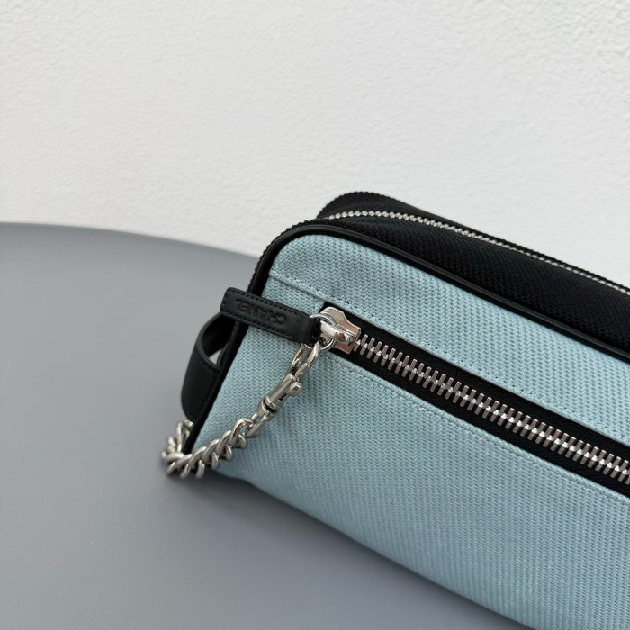 CHANEL Large Zipped Pouch Canvas Calfskin Silver-tone Metal Blue Black #385402