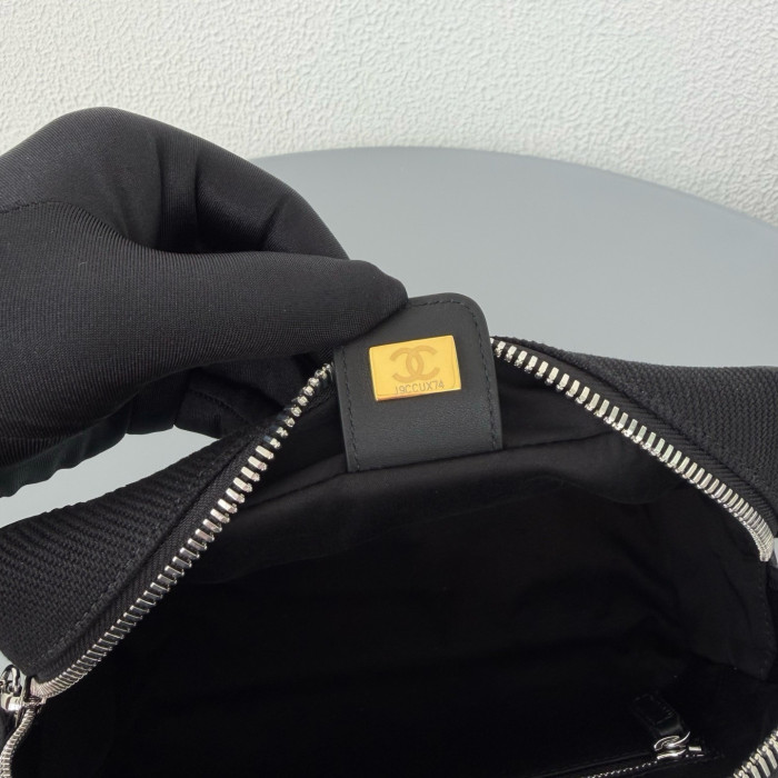 CHANEL Large Zipped Pouch Canvas Calfskin Silver-tone Metal Blue Black #385402