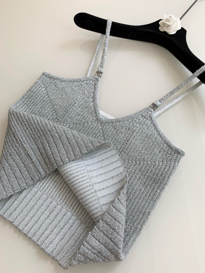 Chanel Silver Yarn Knitted Cardigan Suspenders #331384