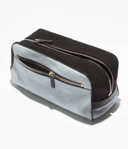 CHANEL Large Zipped Pouch Canvas Calfskin Silver-tone Metal Blue Black #385402