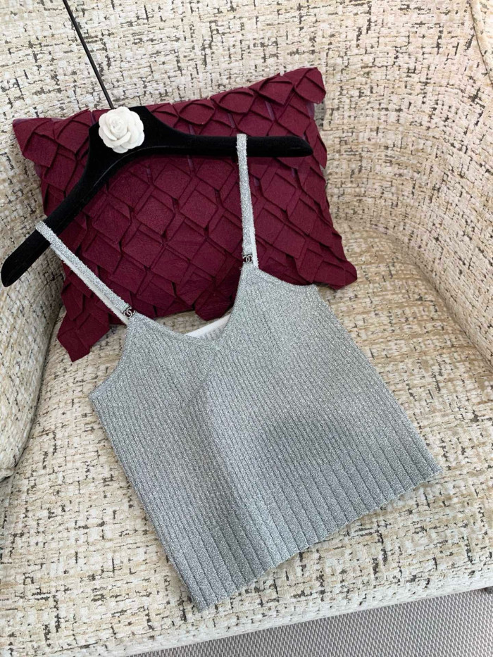 Chanel Silver Yarn Knitted Cardigan Suspenders #331384