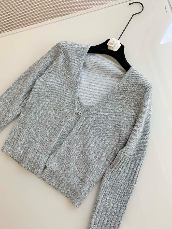 Chanel Silver Yarn Knitted Cardigan Suspenders #331384