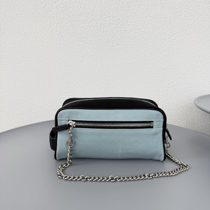 CHANEL Large Zipped Pouch Canvas Calfskin Silver-tone Metal Blue Black #385402