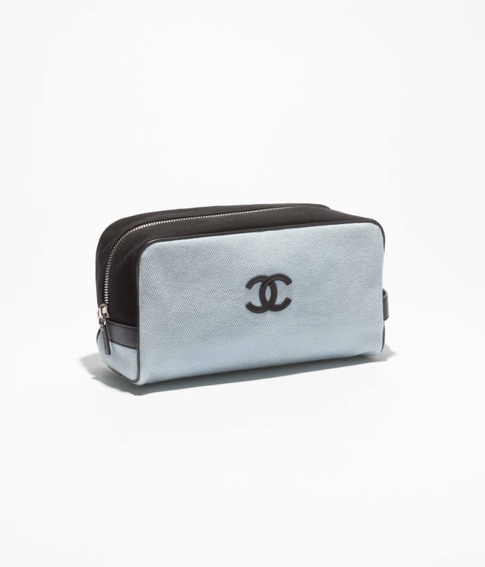 CHANEL Large Zipped Pouch Canvas Calfskin Silver-tone Metal Blue Black #385402