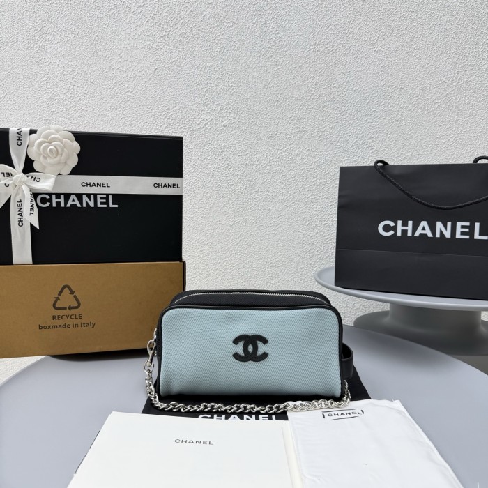 CHANEL Large Zipped Pouch Canvas Calfskin Silver-tone Metal Blue Black #385402