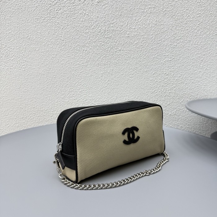 CHANEL Large Zipped Pouch Canvas Calfskin Silver-tone Metal Blue Black #385402