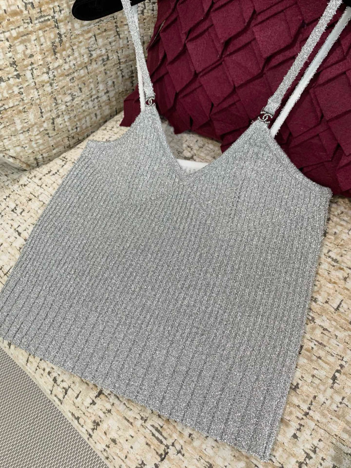 Chanel Silver Yarn Knitted Cardigan Suspenders #331384