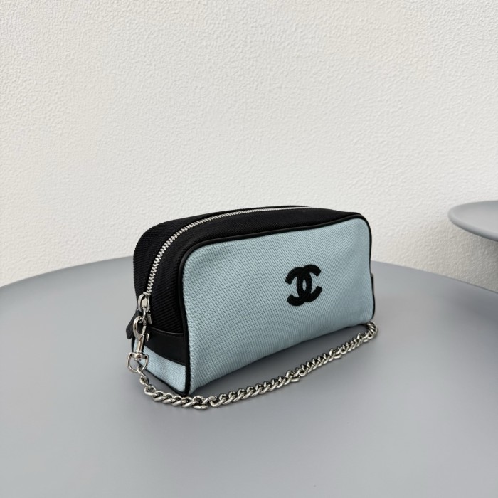 CHANEL Large Zipped Pouch Canvas Calfskin Silver-tone Metal Blue Black #385402