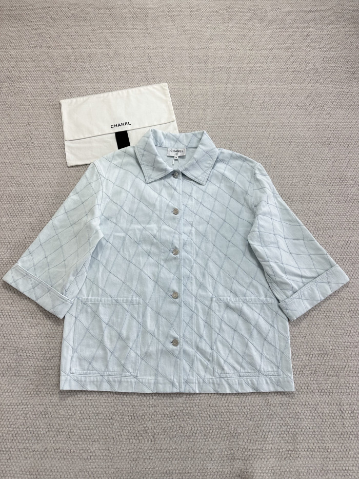 Chanel Top-quality Version Blouse Embroidered Denim Light Blue #385476