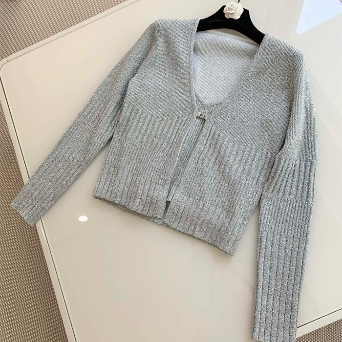Chanel Silver Yarn Knitted Cardigan Suspenders #331384