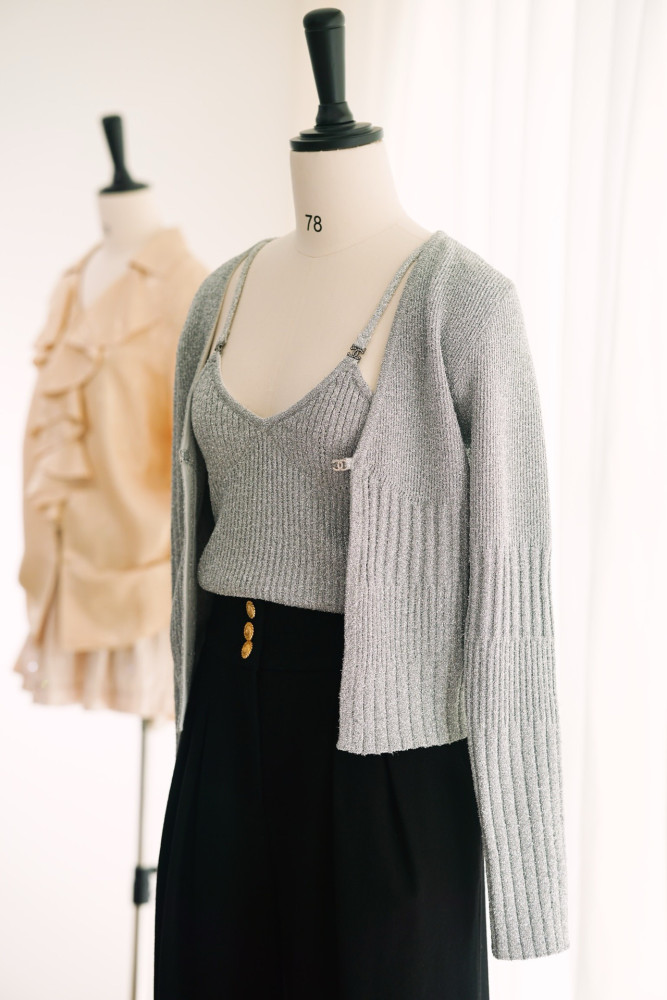 Chanel Silver Yarn Knitted Cardigan Suspenders #331384