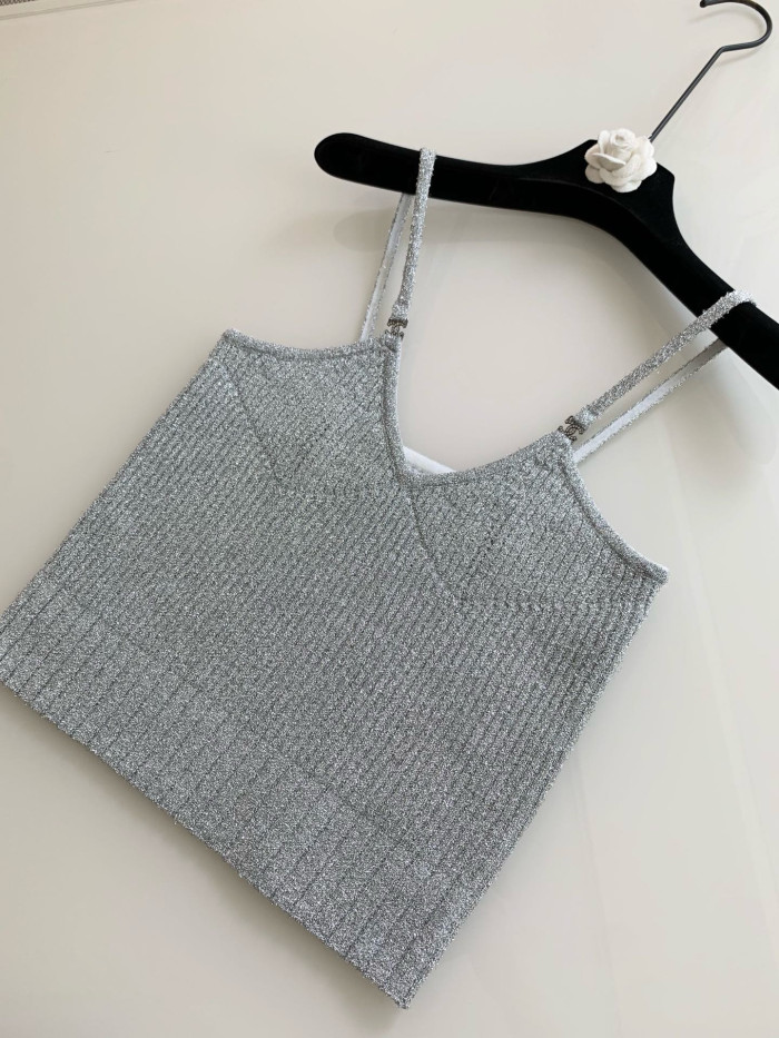 Chanel Silver Yarn Knitted Cardigan Suspenders #331384