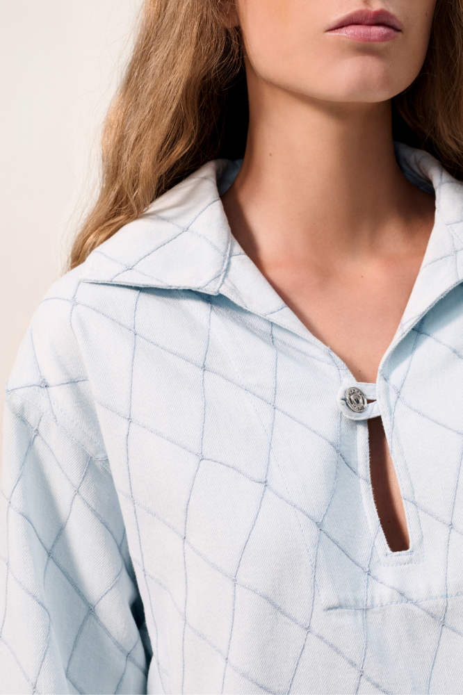 Chanel Top-quality Version Blouse Embroidered Denim Light Blue #385476