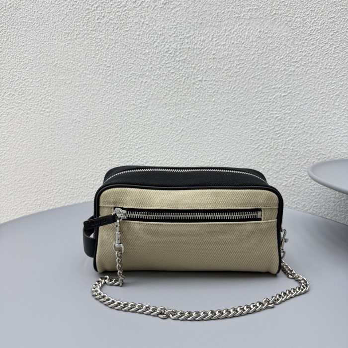 CHANEL Large Zipped Pouch Canvas Calfskin Silver-tone Metal Blue Black #385402