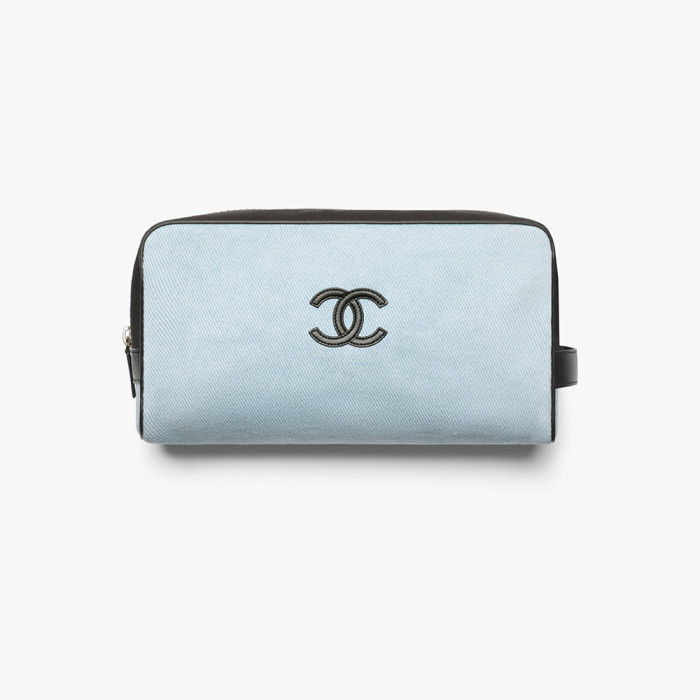 CHANEL Large Zipped Pouch Canvas Calfskin Silver-tone Metal Blue Black #385402