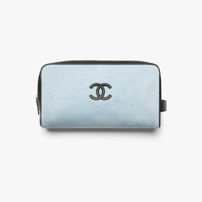 CHANEL Large Zipped Pouch Canvas Calfskin Silver-tone Metal Blue Black #385402