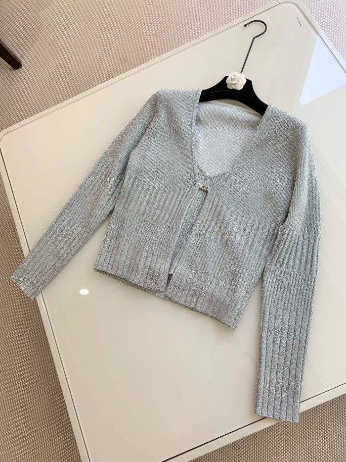 Chanel Silver Yarn Knitted Cardigan Suspenders #331384