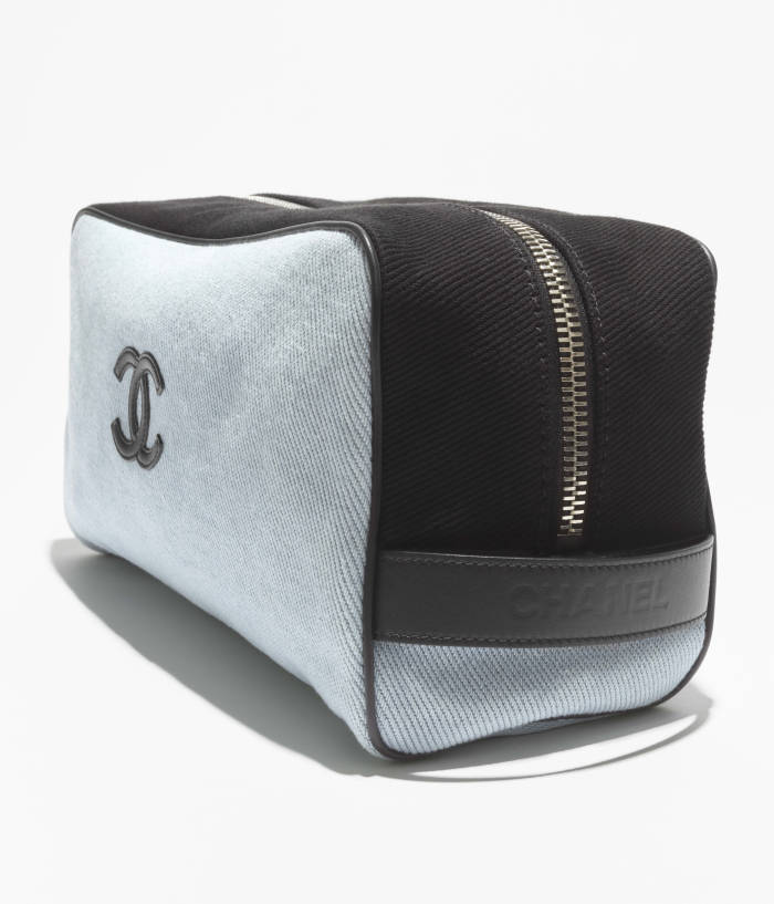 CHANEL Large Zipped Pouch Canvas Calfskin Silver-tone Metal Blue Black #385402