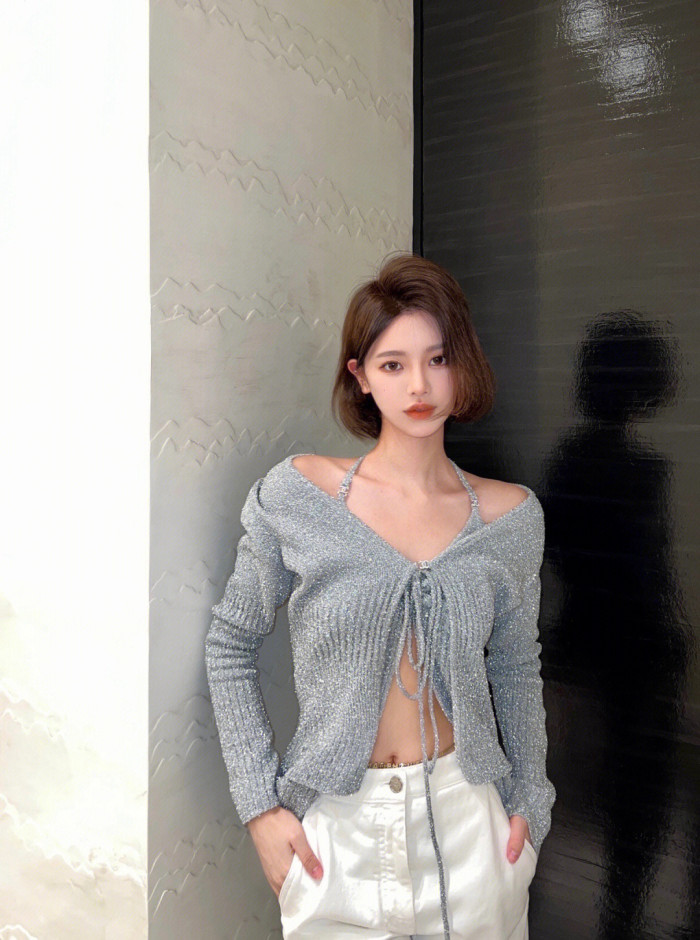 Chanel Silver Yarn Knitted Cardigan Suspenders #331384