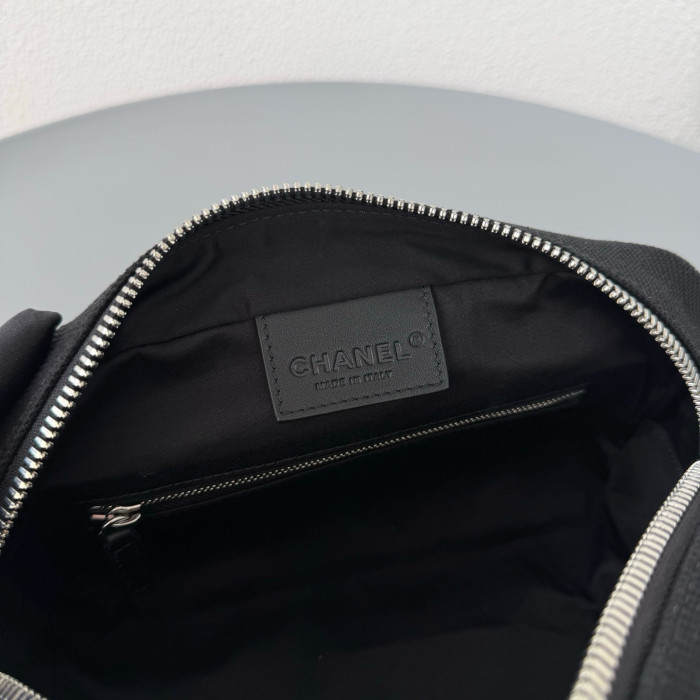 CHANEL Large Zipped Pouch Canvas Calfskin Silver-tone Metal Blue Black #385402