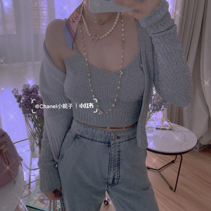 Chanel Silver Yarn Knitted Cardigan Suspenders #331384
