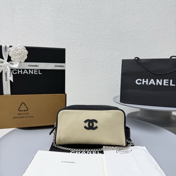 CHANEL Large Zipped Pouch Canvas Calfskin Silver-tone Metal Blue Black #385402