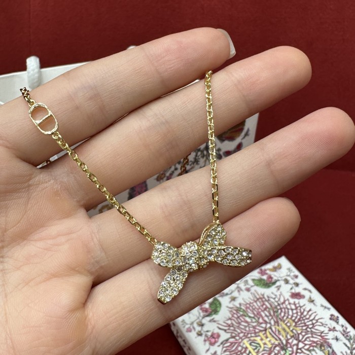 DIOR Delicate Bow Necklace Gold-Finish Metal and Crystals #379149