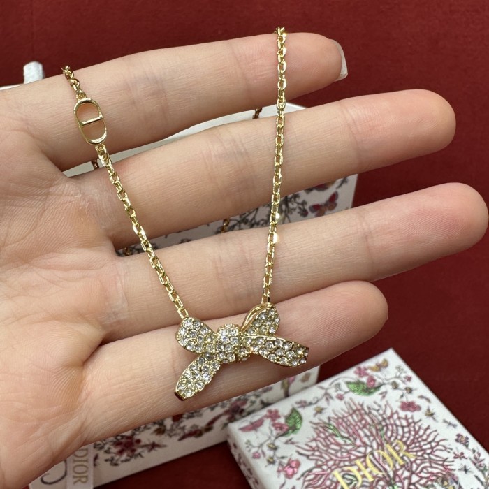 DIOR Delicate Bow Necklace Gold-Finish Metal and Crystals #379149