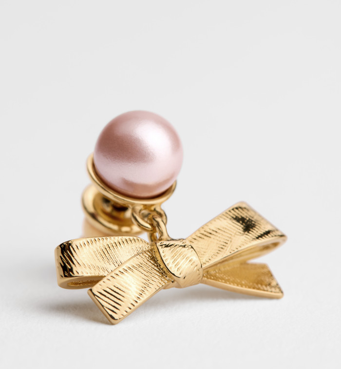 DIOR CD Bow Earrings Gold-Finish Metal and Iridescent Pink Resin Pearls #385665