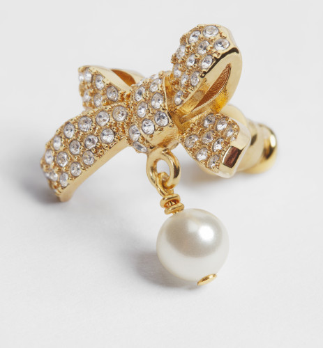 DIOR Delicate Bow Earrings Gold-Finish Metal White Resin Pearl and Crystals #379151