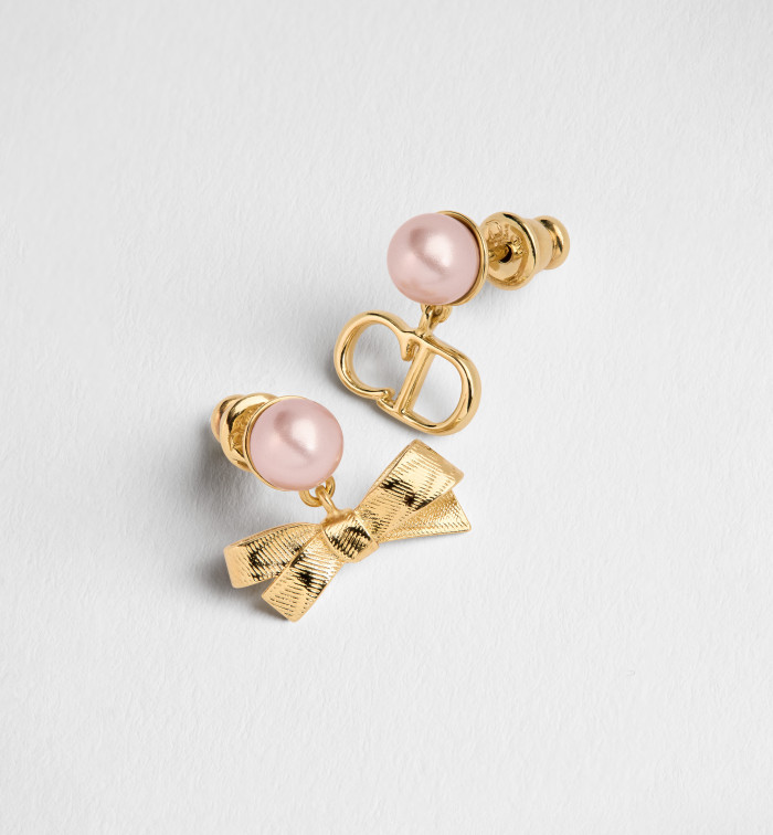 DIOR CD Bow Earrings Gold-Finish Metal and Iridescent Pink Resin Pearls #385665