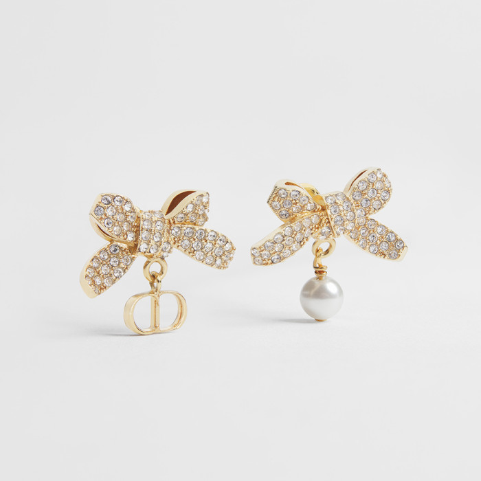 DIOR Delicate Bow Earrings Gold-Finish Metal White Resin Pearl and Crystals #379151