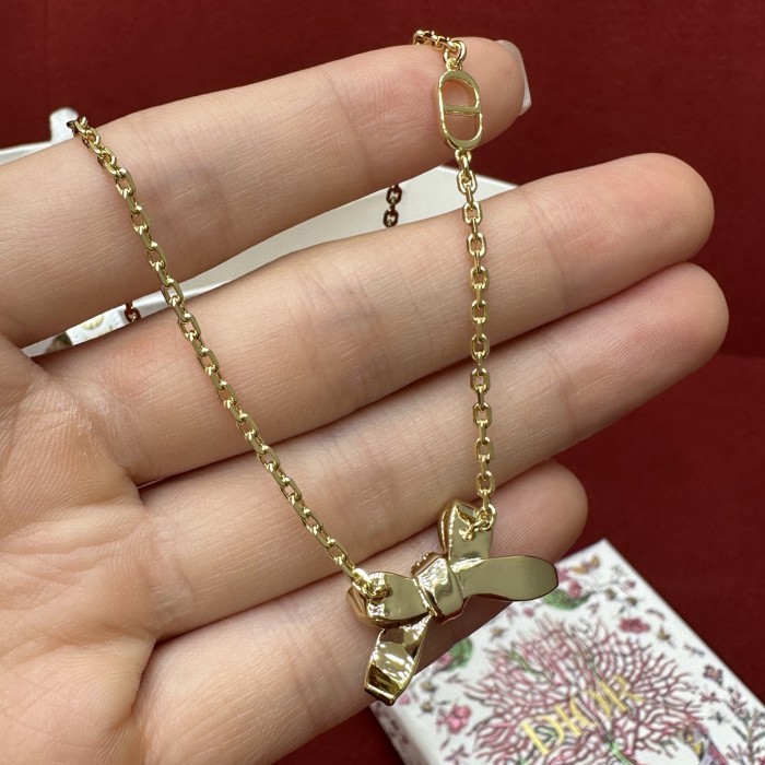 DIOR Delicate Bow Necklace Gold-Finish Metal and Crystals #379149