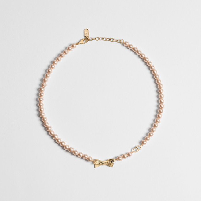 DIOR CD Bow Necklace Gold-Finish Metal and Iridescent Pink Resin Pearls #385650