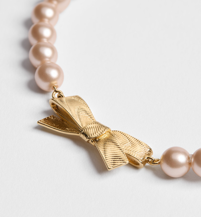 DIOR CD Bow Bracelet Gold-Finish Metal and Iridescent Pink Resin Pearls #385651