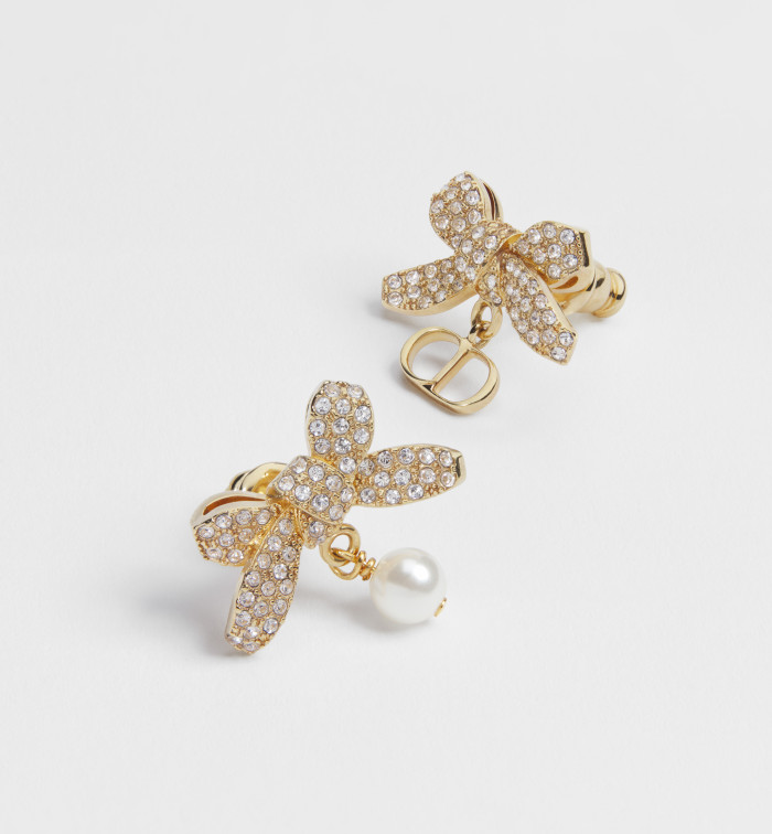 DIOR Delicate Bow Earrings Gold-Finish Metal White Resin Pearl and Crystals #379151