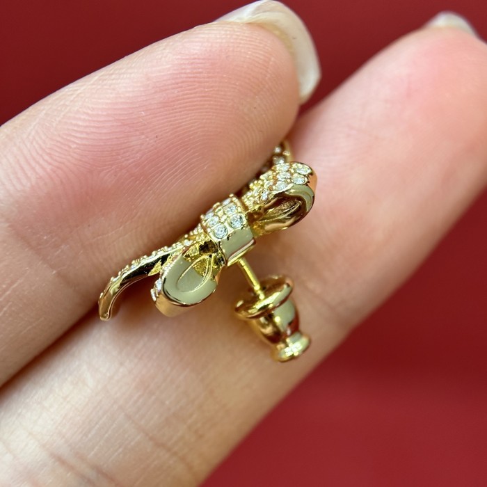 DIOR Delicate Bow Earrings Gold-Finish Metal White Resin Pearl and Crystals #379151