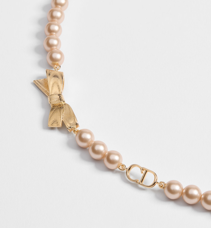 DIOR CD Bow Necklace Gold-Finish Metal and Iridescent Pink Resin Pearls #385650
