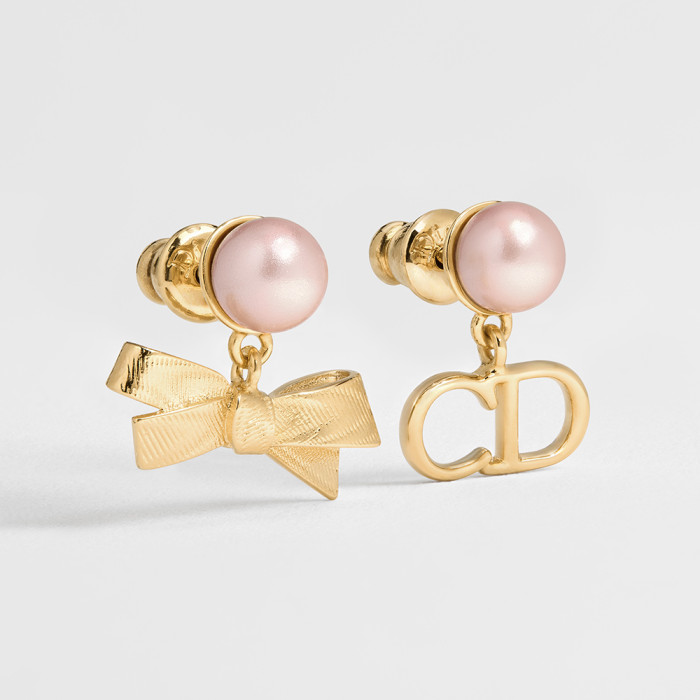DIOR CD Bow Earrings Gold-Finish Metal and Iridescent Pink Resin Pearls #385665