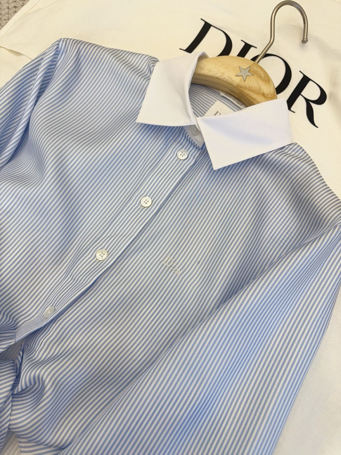 DIOR Dioriviera Tied Cropped Blouse Blue and White D-Stripes Silk Twill #385384