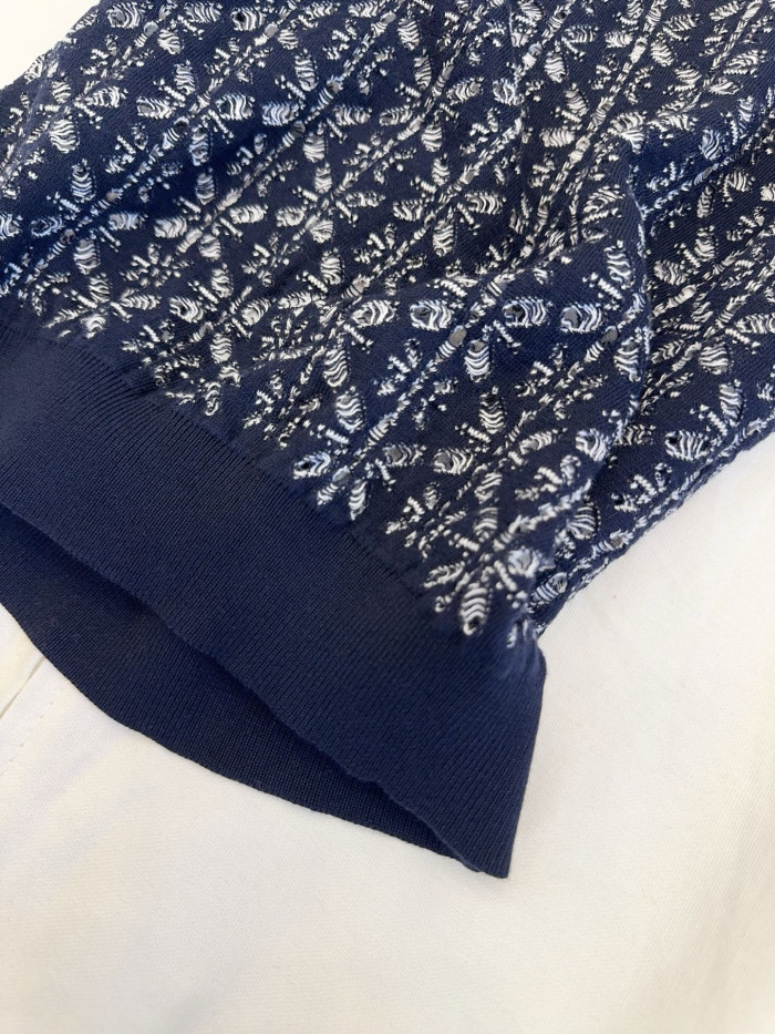 DIOR Dioriviera Short-Sleeved Sweater Navy Blue Floral Openwork Cotton Knit #385288