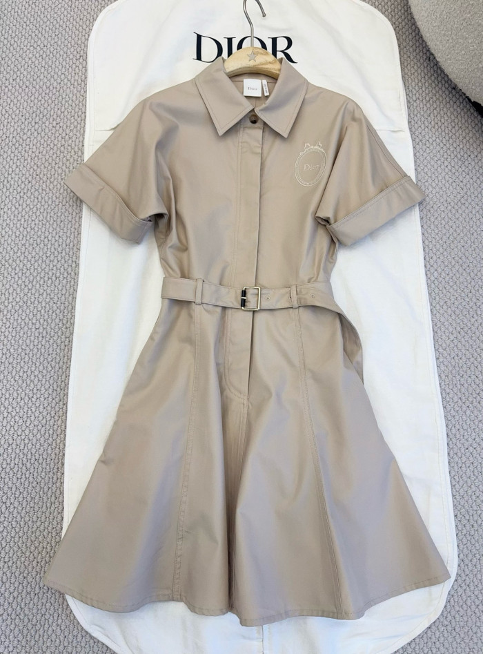 DIOR Dior Médaillon Belted Shirtdress Beige Cotton and Silk Gabardine #385692