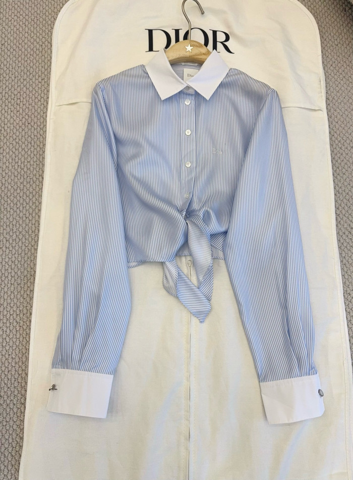 DIOR Dioriviera Tied Cropped Blouse Blue and White D-Stripes Silk Twill #385384