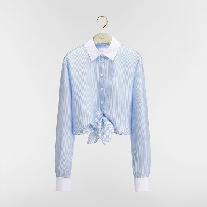 DIOR Dioriviera Tied Cropped Blouse Blue and White D-Stripes Silk Twill #385384