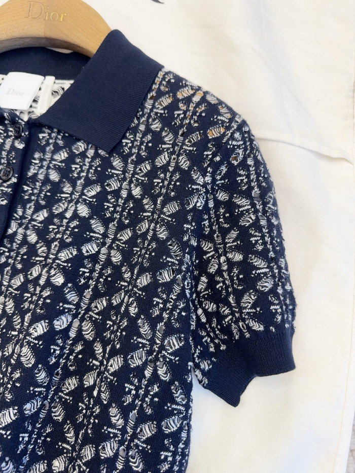 DIOR Dioriviera Short-Sleeved Sweater Navy Blue Floral Openwork Cotton Knit #385288