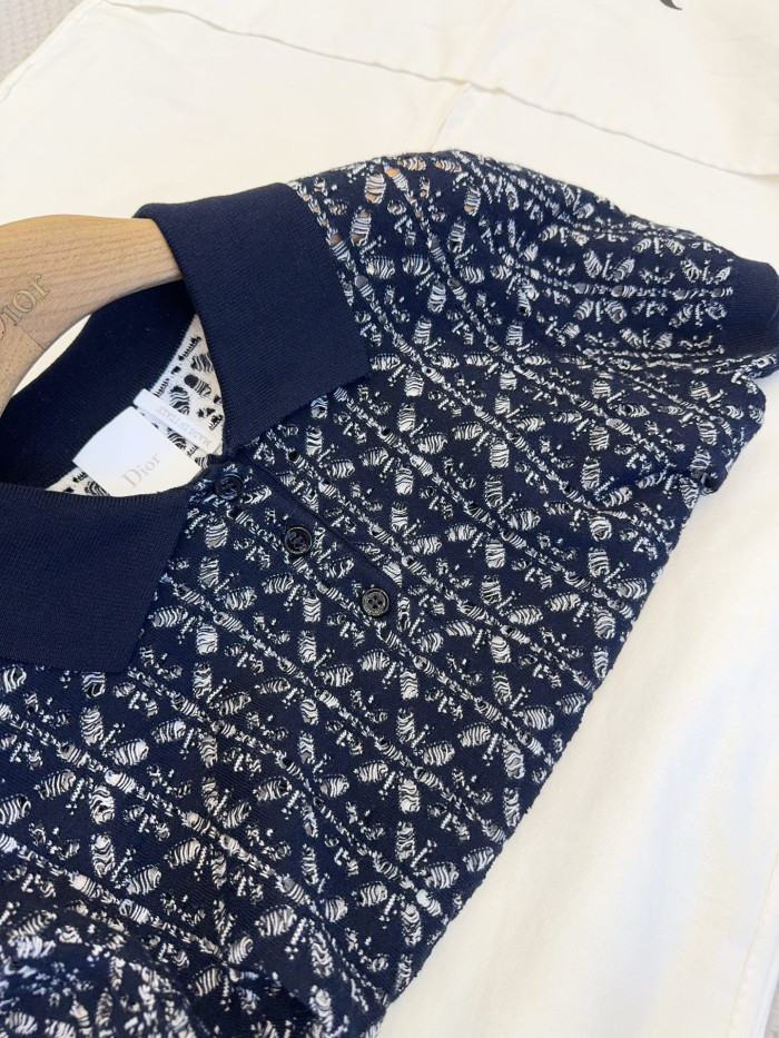 DIOR Dioriviera Short-Sleeved Sweater Navy Blue Floral Openwork Cotton Knit #385288