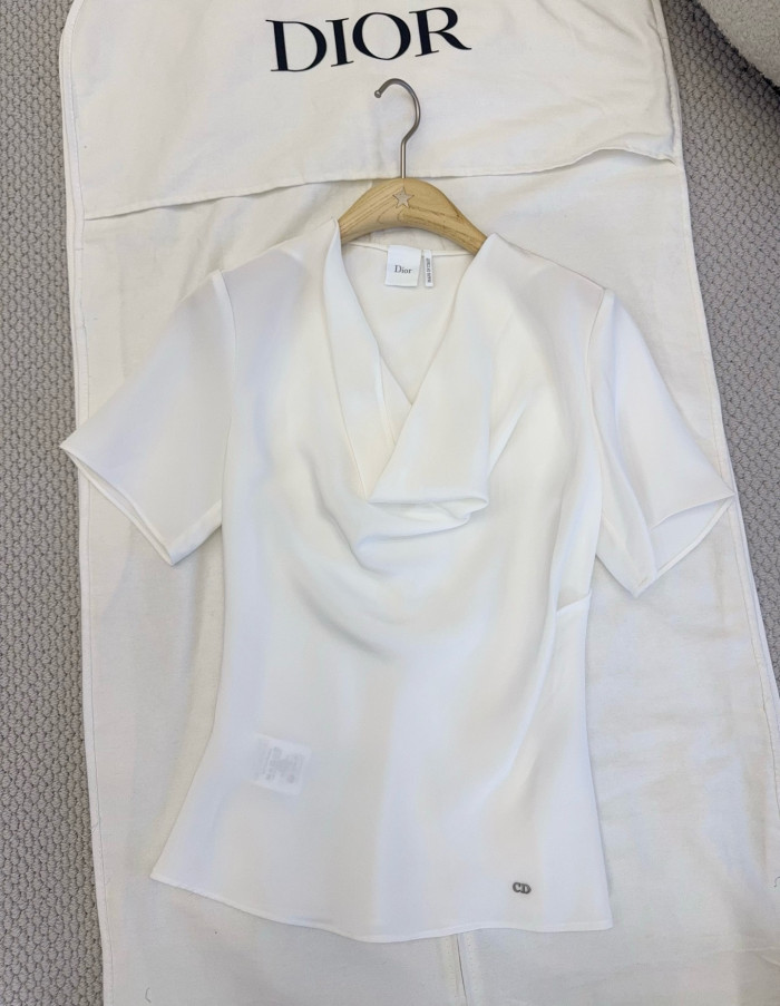 DIOR Short-Sleeved Draped Blouse Ecru Silk #385693