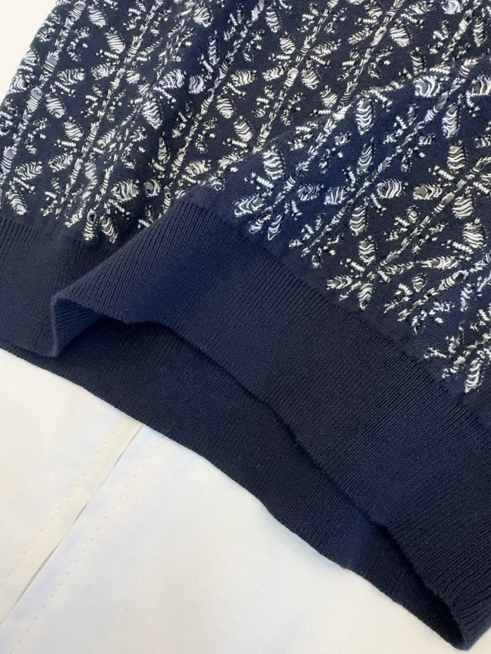 DIOR Dioriviera Short-Sleeved Sweater Navy Blue Floral Openwork Cotton Knit #385288
